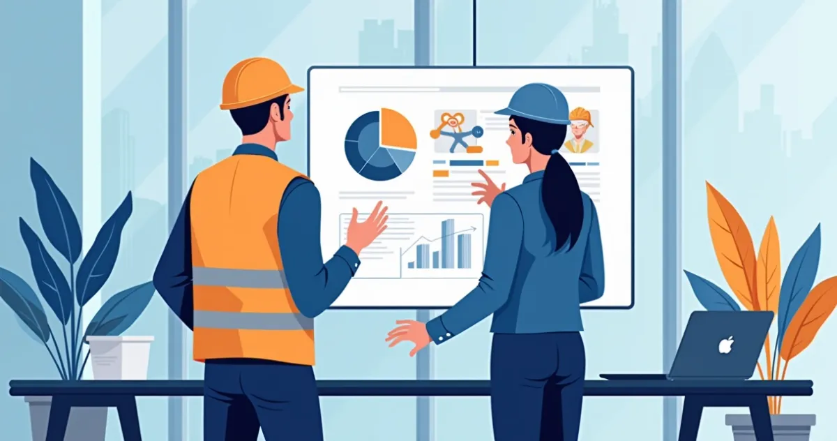 Ilustração de engenheiros analisando público-alvo com gráficos digitais, plantas e computador 