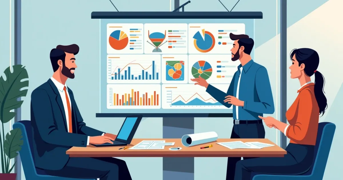 Equipe de engenharia analisando resultados de campanhas em telas digitais, com gráficos de desempenho. 