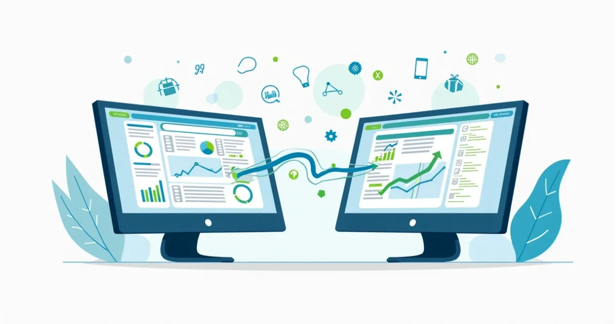 Plataformas de SEO e tráfego pago conectadas por fluxos de dados 